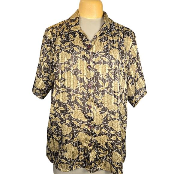 Selene Sport Womens 2X Top Button Up Floral Leaf Tropical Earth Tone Statement - Picture 1 of 11